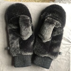 Pair of black fuzzy mittens